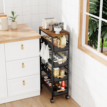 Uwoodia 5-Tier Slim Storage Trolley on Wheels, Metal Kitchen Rolling Cart with Pull-Out Baskets