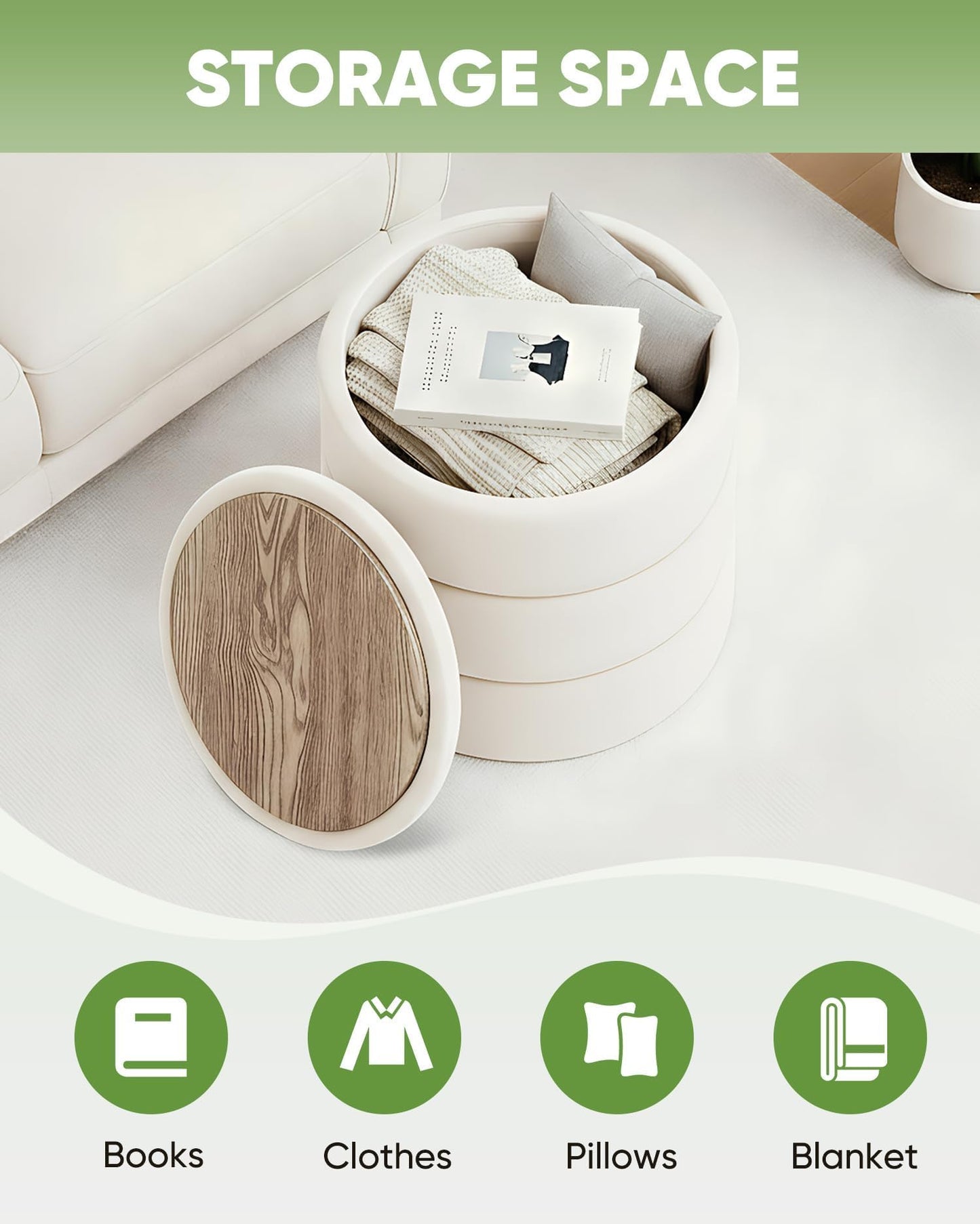 Bonlife Storage Ottoman Round - Folding Foot Rest with Hidden Storage, Cream Velvet 39x39x37cm for Living Room, Bedroom & Hallway
