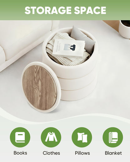 Bonlife Storage Ottoman Round - Folding Foot Rest with Hidden Storage, Cream Velvet 39x39x37cm for Living Room, Bedroom & Hallway