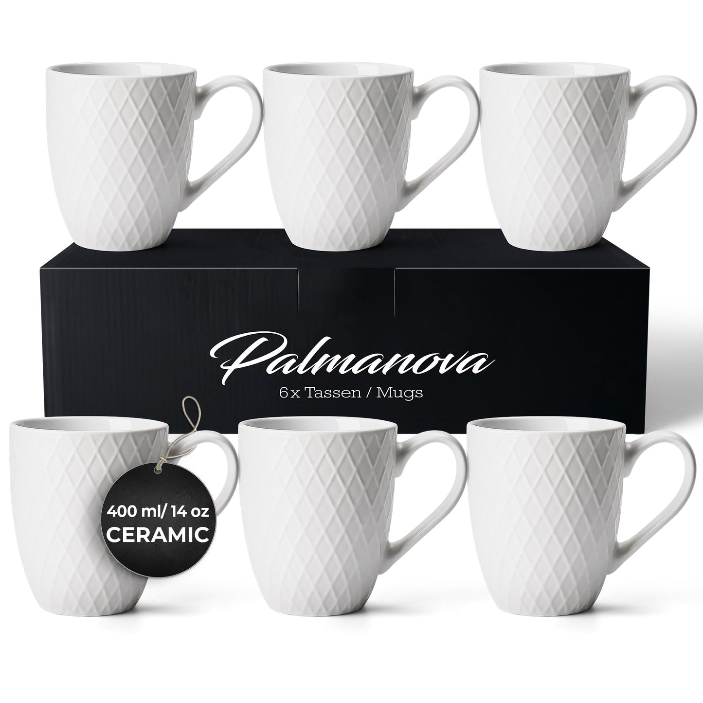 MIAMIO  6 x 400 ml  Coffee Mug Set/Mug - Modern Ceramic Mug Matt - Coffee Mug Large - Palmanova Collection (White)