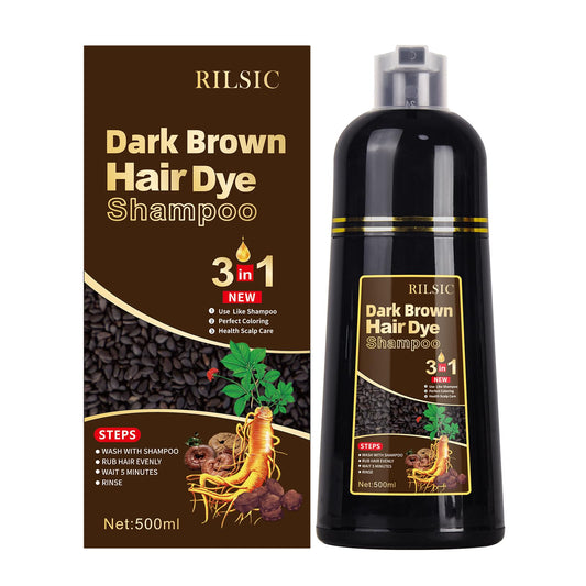 500ML Brown Hair Dye Shampoo for Grey Hair Beard Coverage, 3 in 1 Instant Colour Shampoo for Men&Women
