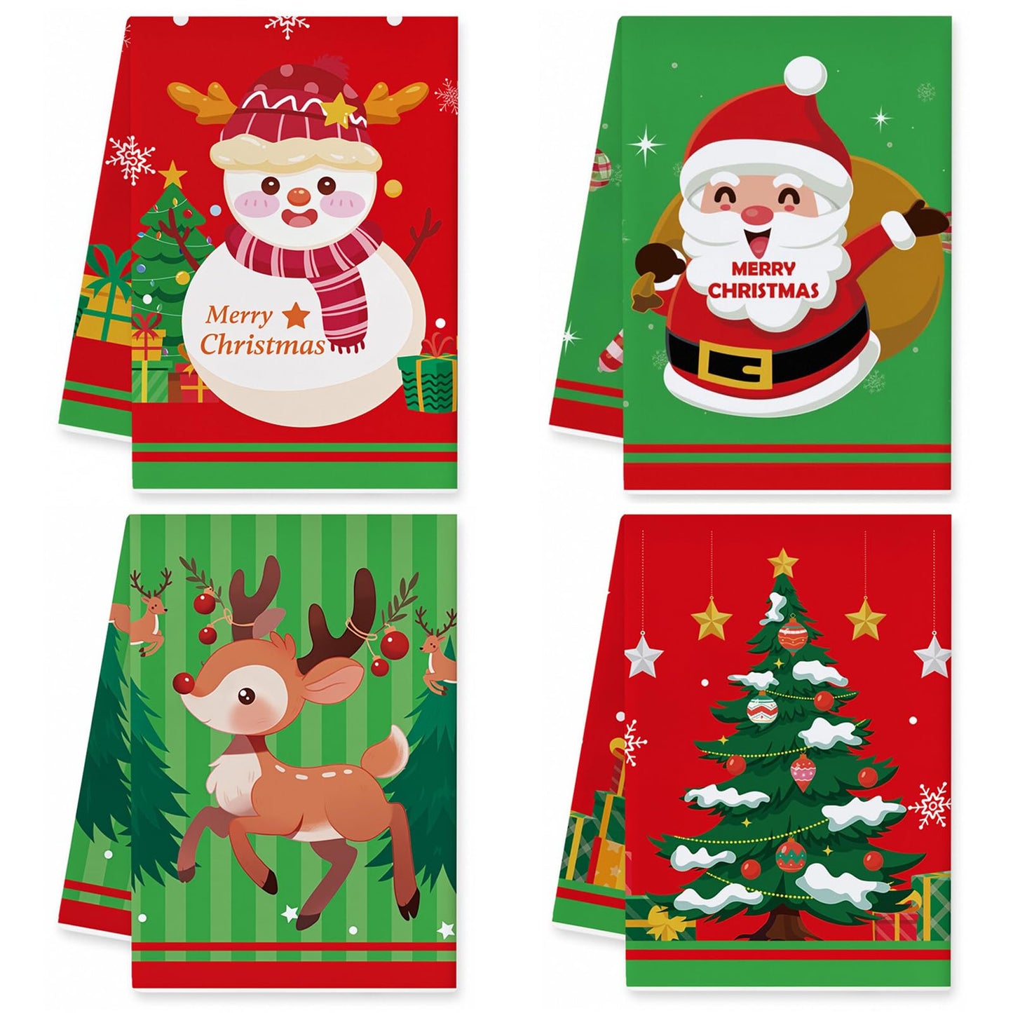 Vspek Christmas Kitchen Towels Set of 4, Microfibre Cloth, Red Green Cute Cartoon Santa Claus Snowman Dish Towels, Funny Holiday Hand Towel for