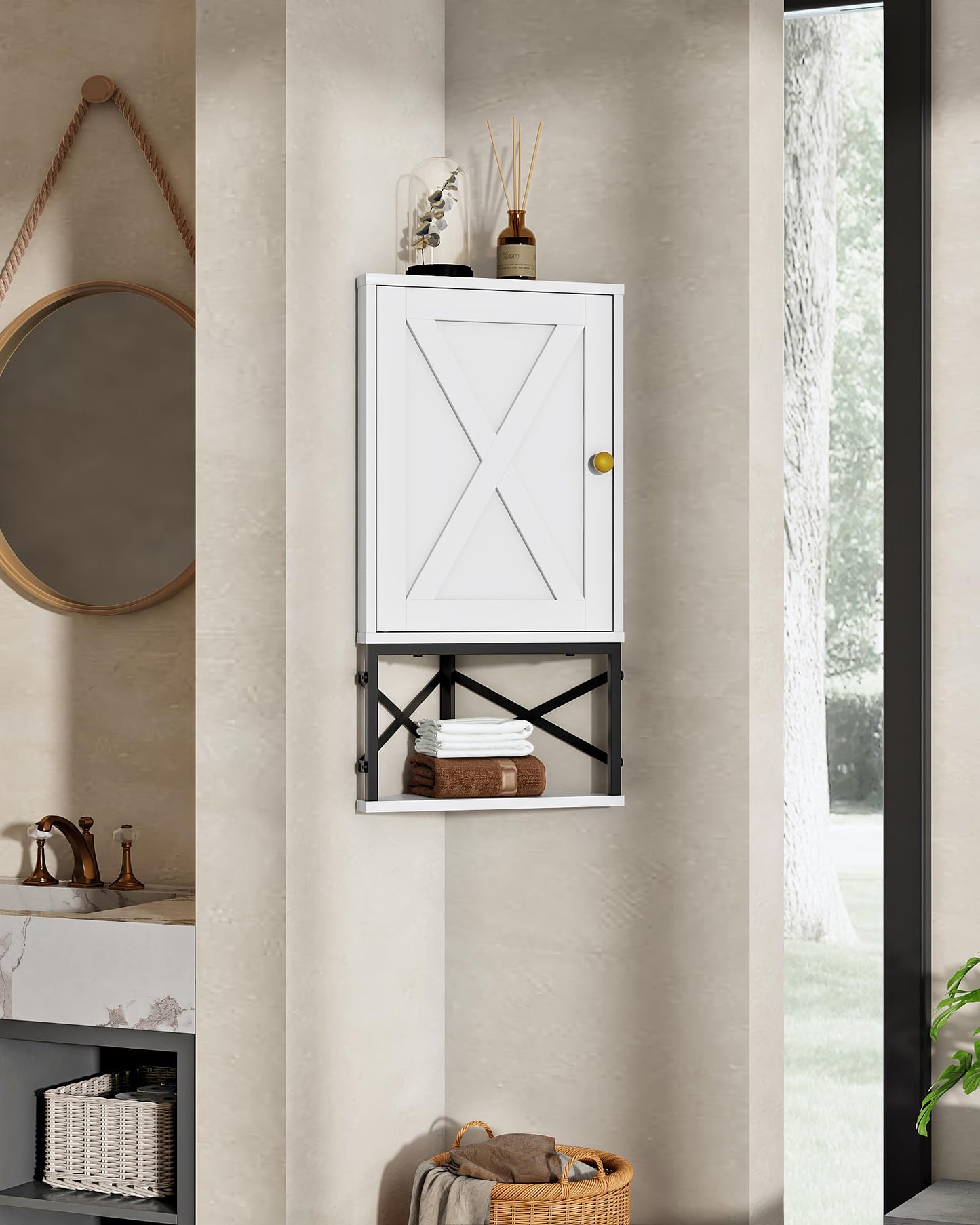 CHOEZON Bathroom Wall Cabinet, Corner Medicine Cabinet, Wall Mount Corner Cabinet for Bathroom with Open Shelf and Adjustable Shelf, Space-Saving