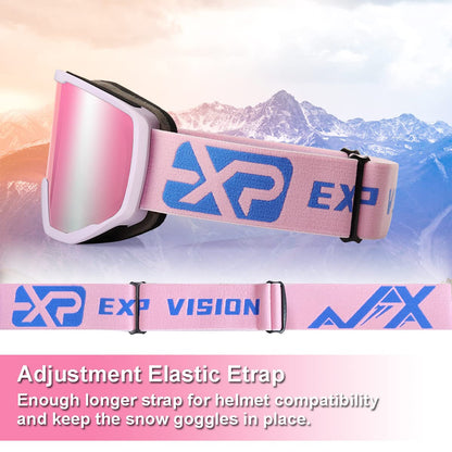 EXP VISION Ski Goggles, Anti fog Snow Snowboard Goggle OTG Dual lens with 100% UV400 Protection for Men Women (Purple Frame-Purple)