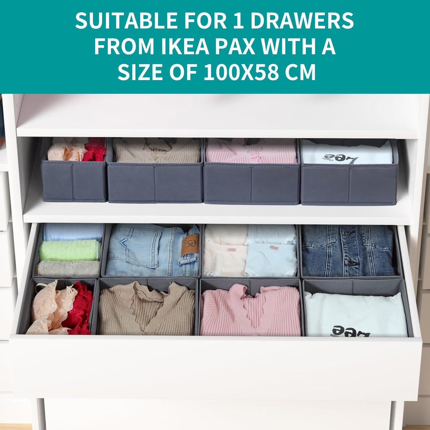 ORLISA Drawer Organiser for PAX 100 Drawers (100x58cm), 8 Pack Closet Organiser Set, Fabric Drawer Dividers & Wardrobe Organisers for Clothes Storage