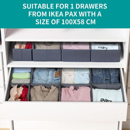 ORLISA Drawer Organiser for PAX 100 Drawers (100x58cm), 8 Pack Closet Organiser Set, Fabric Drawer Dividers & Wardrobe Organisers for Clothes Storage