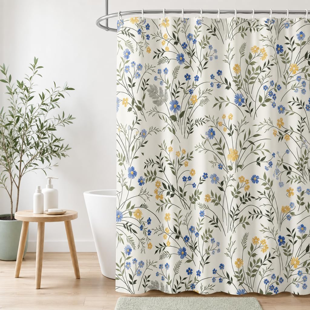 Hopomoon Country Wildflower Shower Curtain,Blue and Yellow Floral Green Leaf Plant Spring Summer Botanical Plant Pattern