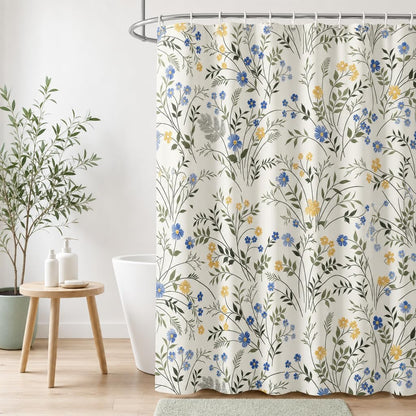 Hopomoon Country Wildflower Shower Curtain,Blue and Yellow Floral Green Leaf Plant Spring Summer Botanical Plant Pattern