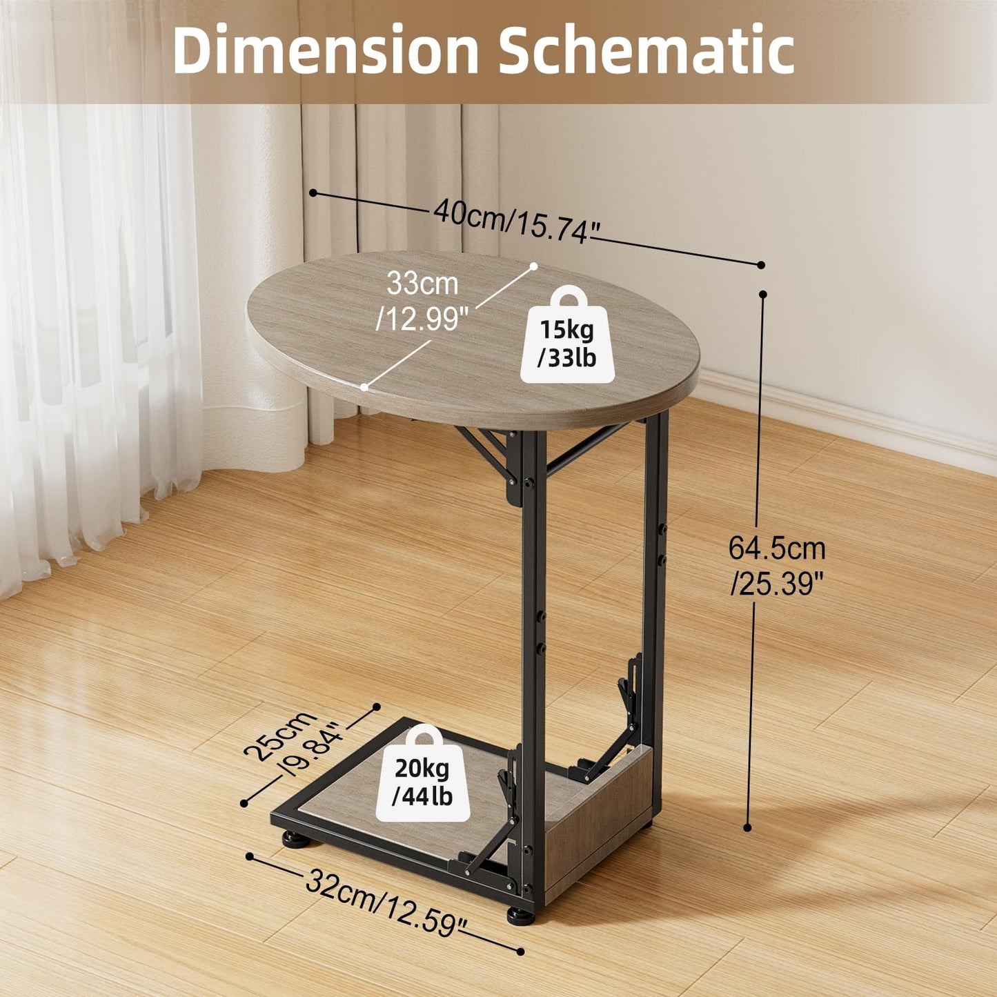 Mutool C Shaped End Table, Foldable Side Table, Round Sofa Table with Metal Frame, Small Coffee Table for Living Room Bedroom Office, Oak Grey