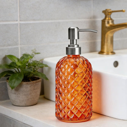 Glass Soap Dispenser Orange - 350ml/ 16 Oz Hand Soap Dispenser with Rustproof Stainless Steel Pump Liquid Hand Jar Refillable Glass Bottle for