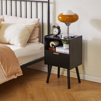 Aibiju Modern Nightstand with Drawer, Bedside Tables, Mid Century Nightstands with Open Storage Shelf, Wood Leg Bedside Table