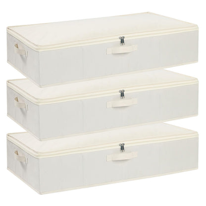 YheenLf 3-Pack Under Bed Storage Box with Lid, Foldable Wardrobe Organiser with Reinforced Handles for Blanket, Sheets, Clothing, Shoes, Beige,