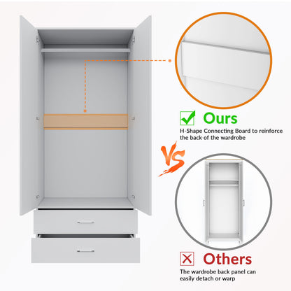ELEGANT 2 Door Wardrobes with Clothes Hanging Rail and 2 Drawers, White