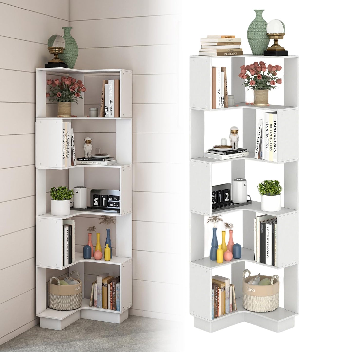 uyoyous Bookcase White, Corner Bookcase with 6 Levels, 175 cm Corner Shelf, Standing, 90° L-shaped Bookcase for Study, Bedroom, Office