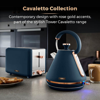 Tower T20036MNB Cavaletto 2-Slice Toaster with Defrost/Reheat, Stainless Steel, 850W, Midnight Blue and Rose Gold