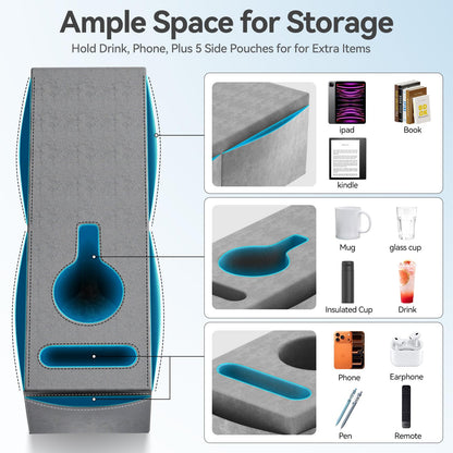 Heyife Couch Armrest Caddy with Cup Holder, Portable Sofa Armrest Pillow Drink Holder Table Tray with 5 Large Side Storage Pockets