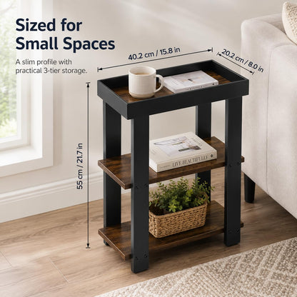 ZEXVIDA 3-Tier Narrow Side Table with Tray Top,Slim Side Table,Rustic Brown