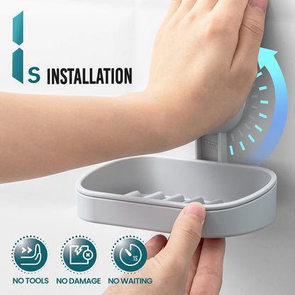 TAILI Suction Soap Dish for Shower, Drill-Free Wall Mounted Holder, Grey
