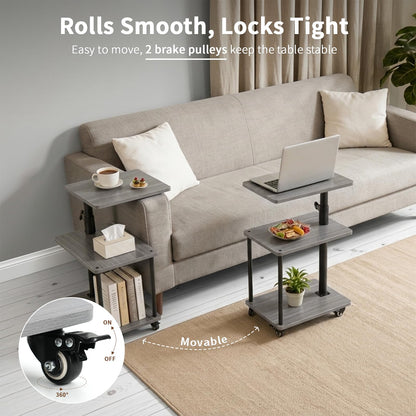 Bingyouth Side Table with Wheels, Height Adjustable Sofa Table with 360° Swivel Top, 3 Tier Bedside Table for Living Room, Bedroom and Small Spaces