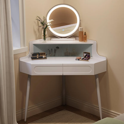 WOLTU Dressing Table with Mirror, Corner Vanity Desk, Bedroom Dressing Table with 2 Drawers 1 Closed Compartment, White Mirrored Desk