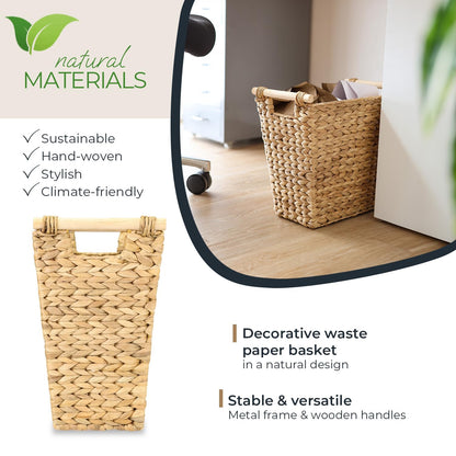 HMF Office Waste Paper Bin, Storage Basket with Wooden Handles, Braided from Water Hyacinth, Trapezoid, 36 x 19 x 33 cm