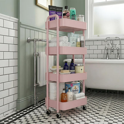 4-Tier Storage Rolling Cart Trolley Metal Mobile Shelving Organiser with 360° Swivel Wheels for Kitchen, Bedroom