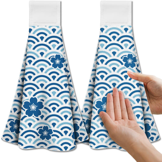 CUTHOLLOW 2Pcs Blue Japanese Style Texture Tea Towels for Kitchen with Loop, 31.5x43.5cm Soft Absorbent Microfiber Decorative Hanging Dish Towel, Tea,