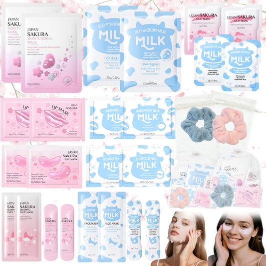 28PCS Sleepover Spa Party Supplies Set ? Sakura & Milk Skin Care Set for Teenager Girl Gift - Travel Kits Gift Packs with Face Masks, Lip & Eye Masks,