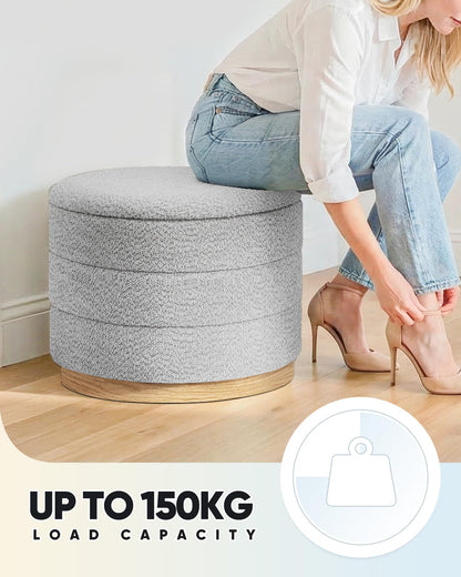 Bonlife Round Chenille Storage Ottoman, Folding Footstool with Table Top, 58x58x44cm, Load Capacity 150kg, for Living Room Bedroom Hallway