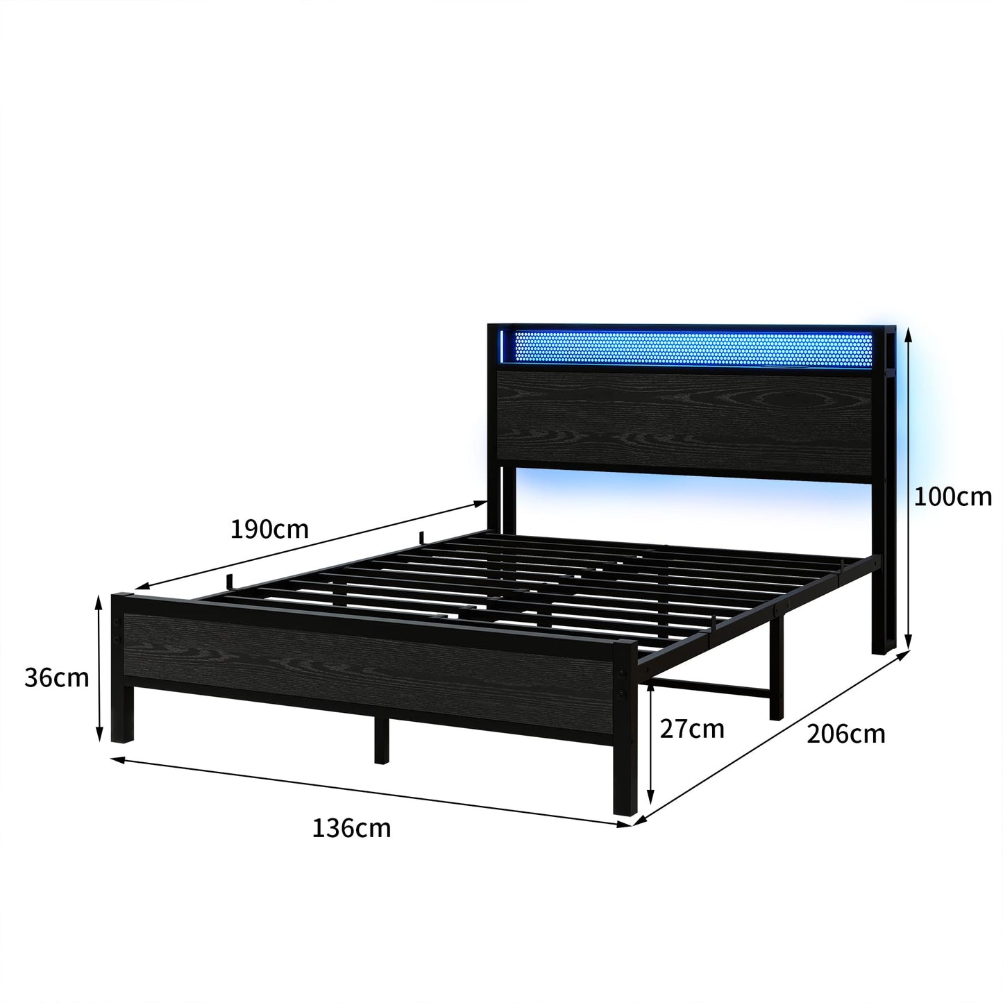 Diahomy 4ft6 Double Bed Frame with Storage Headboard&LED Lights,Black