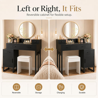 iSunirm Black Dressing Table No Mirror, 90 cm Vanity Desk with 4 Drawers, Charging Station & Reversible Cabinet