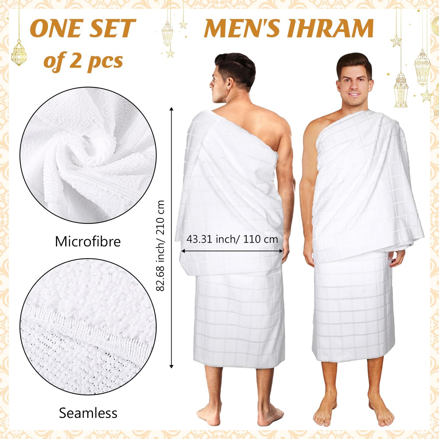 Namalu Islamic Men's Ihram Set Includes 1 Set of 2 Pcs Seamless Hajj Towel 110 x 210cm Ahram 1 Ihram Belt Waist Packs 1 Kufi hat 1 Tawaf Prayer Beads