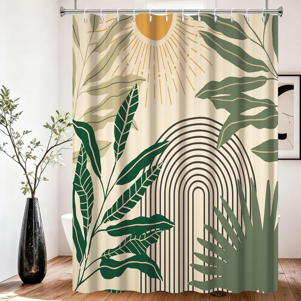 Xiaoterna Mid Century Boho Beige Shower Curtain Abstract Neutral Color Green Leaves Arch Lines Sun Waterproof Bathroom Curtains Minimalist Aesthetic