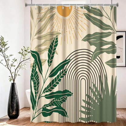 Xiaoterna Mid Century Boho Beige Shower Curtain Abstract Neutral Color Green Leaves Arch Lines Sun Waterproof Bathroom Curtains Minimalist Aesthetic