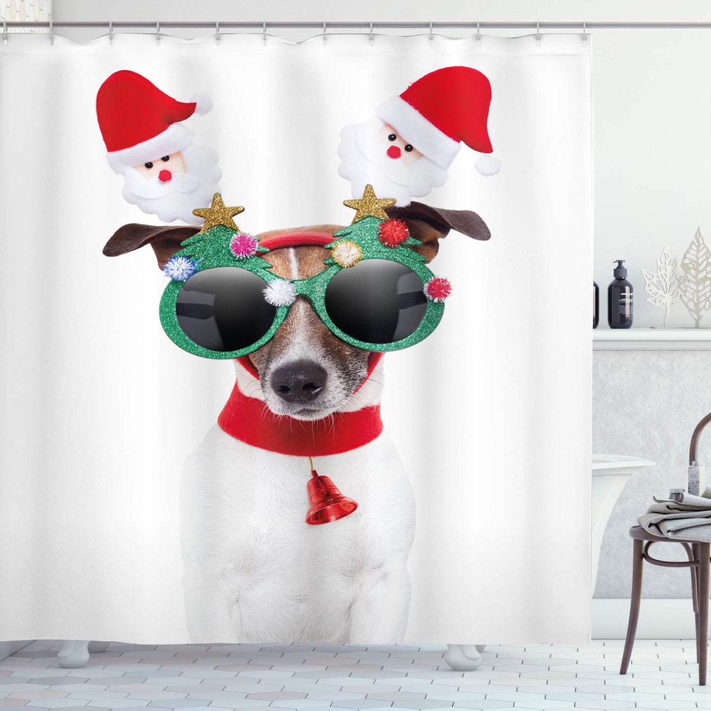 ABAKUHAUS Christmas Shower Curtain, Funny Puppy Jack Russel Dog Hilarious Sunglasses Santa and Bell, Cloth Fabric Bathroom Decor Set with Hooks, 175 x