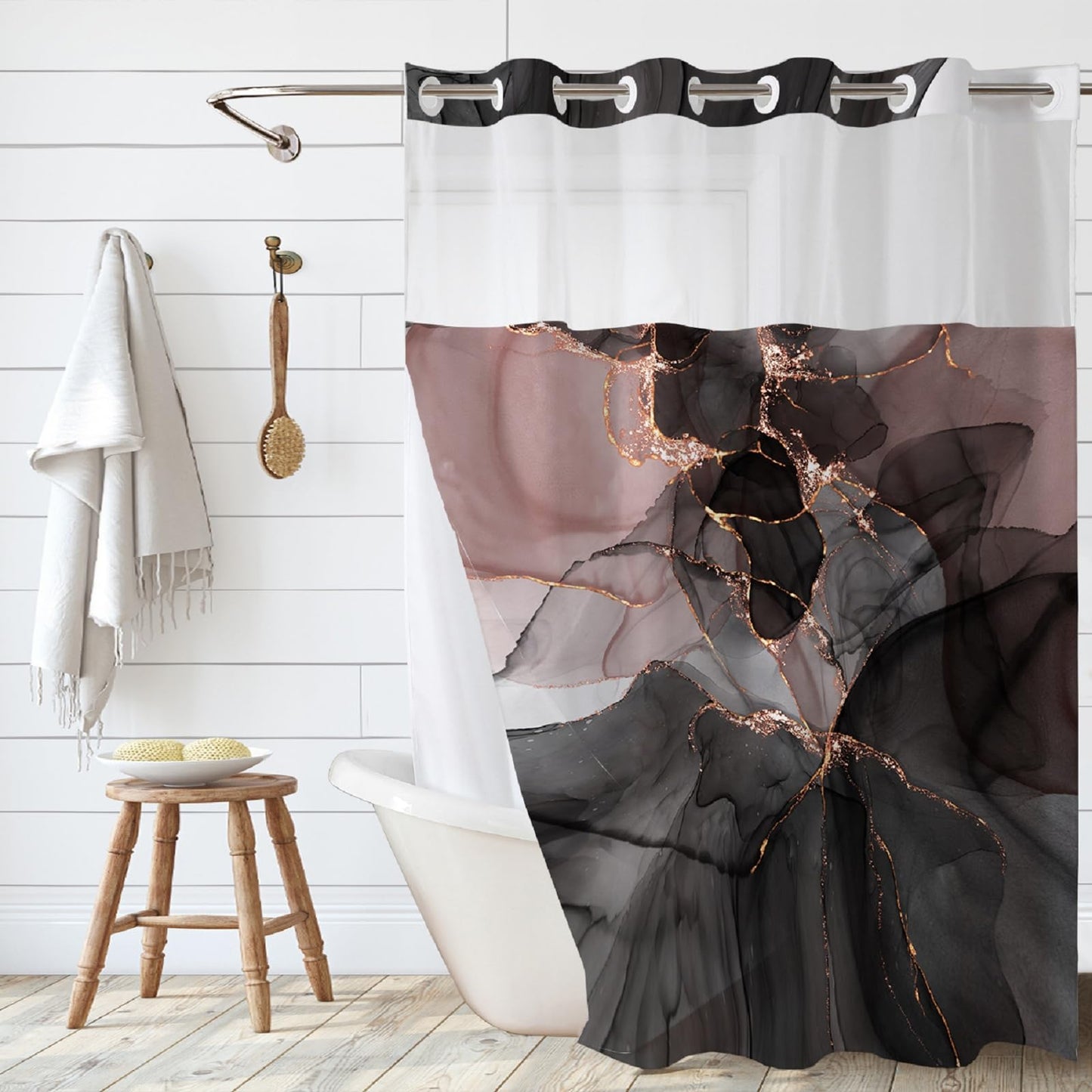 Wohnvoraus No Hook Blue Shower Curtain,Navy Blue Shower Curtains Double with Liner, Fabric Geometric Ombre Mountain Shower Curtain with Mesh Top