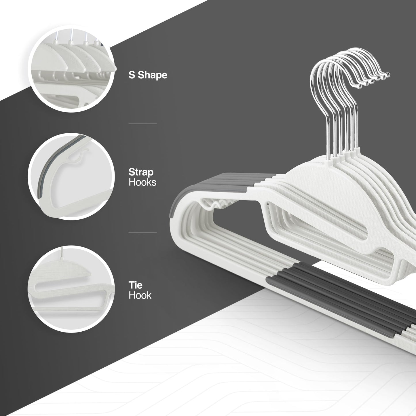KEPLIN 20-Pack Non-Slip Hangers – Durable, Slimline Design for Space Saving with 360° Swivel, Tie Organiser, Strap Hooks, and S-Shape Opening (White)