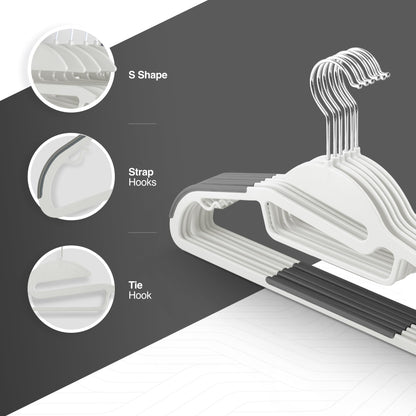 KEPLIN 20-Pack Non-Slip Hangers – Durable, Slimline Design for Space Saving with 360° Swivel, Tie Organiser, Strap Hooks, and S-Shape Opening (White)