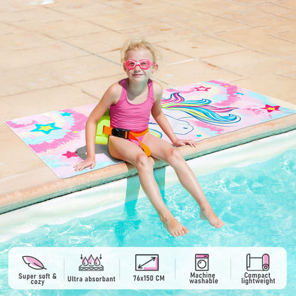 WERNNSAI Unicorn Microfibre Beach Towel for Kids, 76 x 150cm Bath Towel