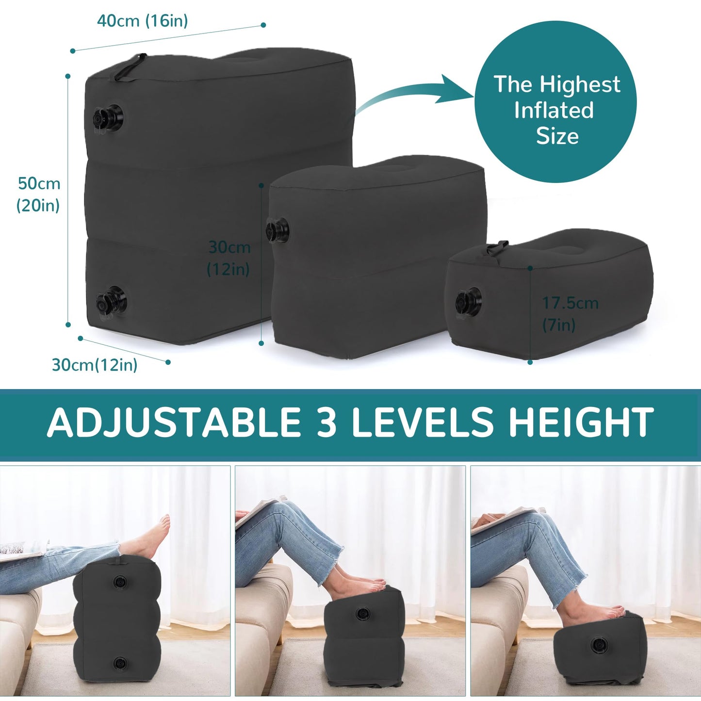 RISEPRO Inflatable Travel Foot Rest Pillow, Adjustable 3 Layers Height Leg Rest Pillow, Kids Airplane Bed, Adults Travel Essentials on Plane, Trains