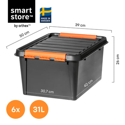 SmartStore extra-durable plastic storage boxes with lids | 31 L | 6-pack | Stackable bins with clip locks for tools, garage, or moving | BPA-free
