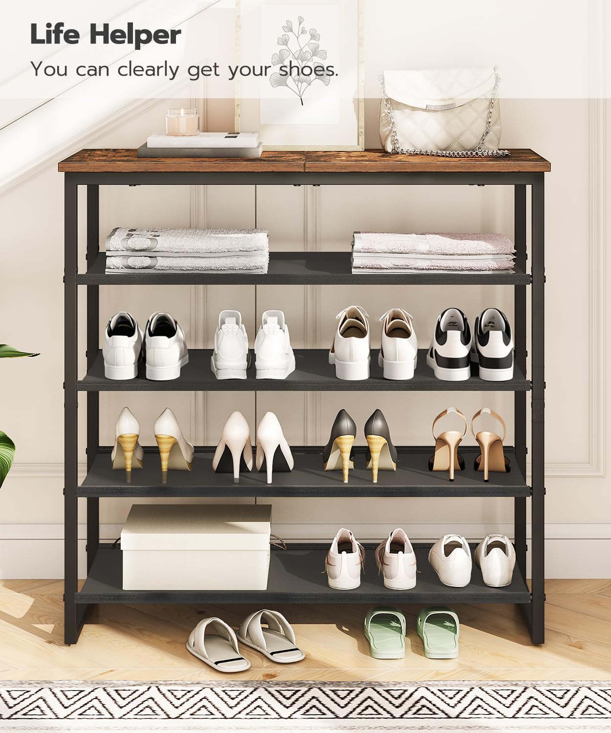 HOOBRO Shoe Rack, 5 Tier Shoe Storage Organizer with 4 Oxford Fabric Shelves and Top Panel, Holds 16-20 Pairs of Shoes, for Entryway and Closet