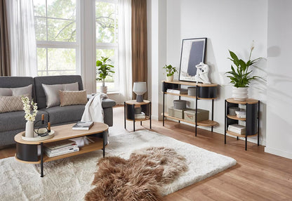 HAKU console, oak, black, metal, chipboard. Dimensions: W 110 x H 76 x D 39 cm. Style: Modern