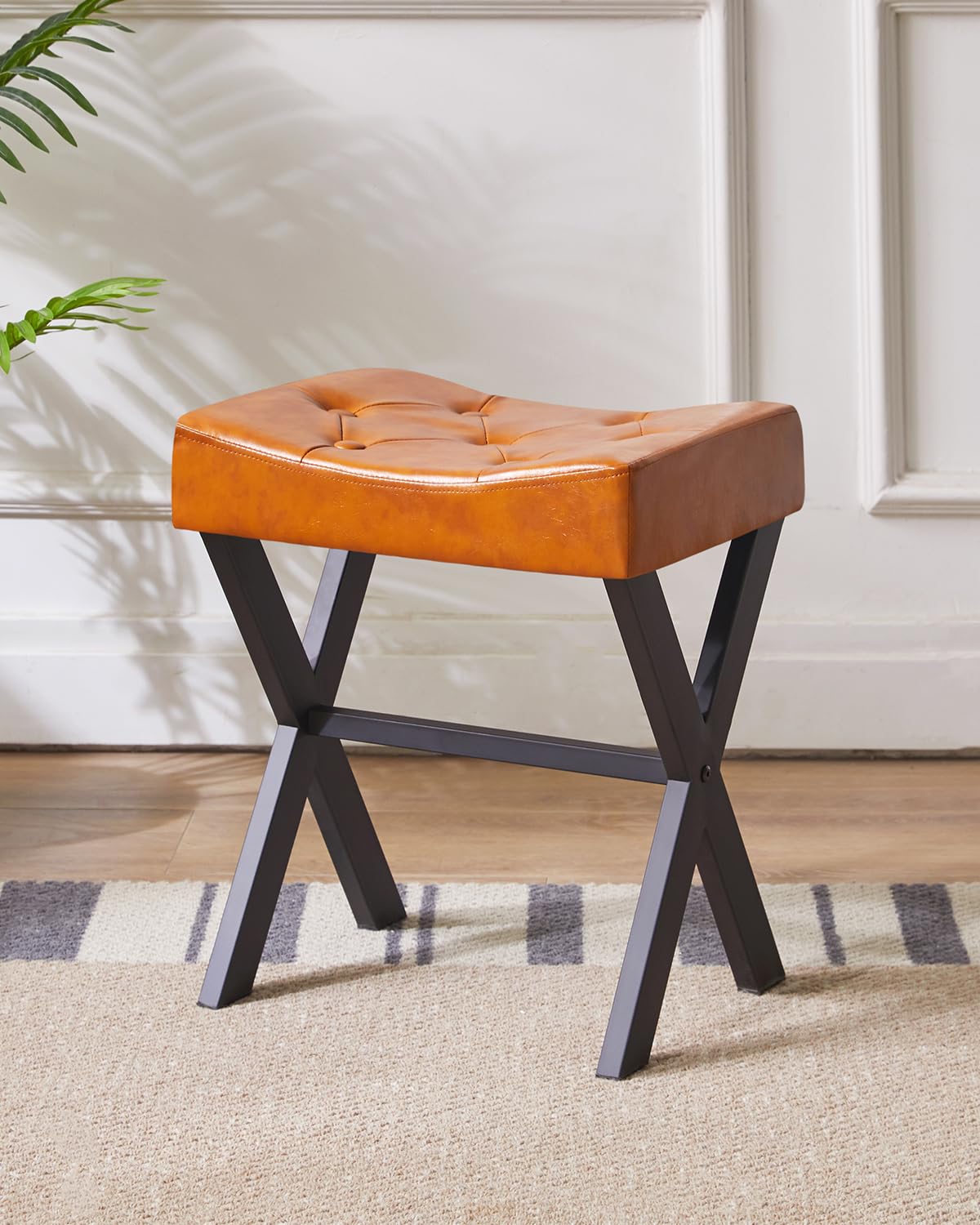 IBUYKE U-Shaped PU Vanity Stool, X-Leg Makeup Chair, Light Brown WBD019J