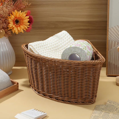 Abaodam Corner Storage Basket Triangular Wicker Storage Bin Handwoven Basket for Shelves Wardrobe Bathroom and Kitchen Open Desk Organizer for Snacks