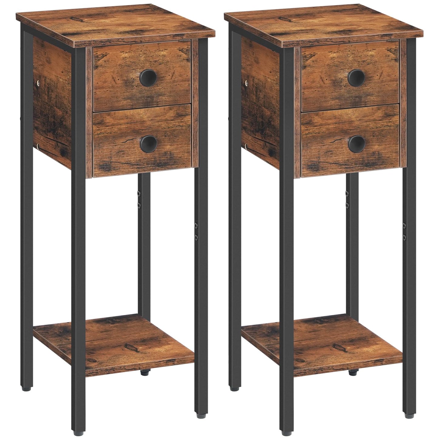 HOOBRO Narrow Bedside Table Set of 2, Slim Bedside Table, Telephone Table with 2 Drawers, Tall Side Table with Metal Frame, Small Nightstand with Open