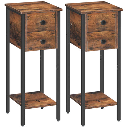 HOOBRO Narrow Bedside Table Set of 2, Slim Bedside Table, Telephone Table with 2 Drawers, Tall Side Table with Metal Frame, Small Nightstand with Open