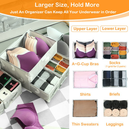 EASEVE Sock Underwear Drawer Organiser with Lid - Wardrobe Clothes Storage Boxes with Dividers, Foldable Fabric Closet Organizer for Bra, Sock, Shirt