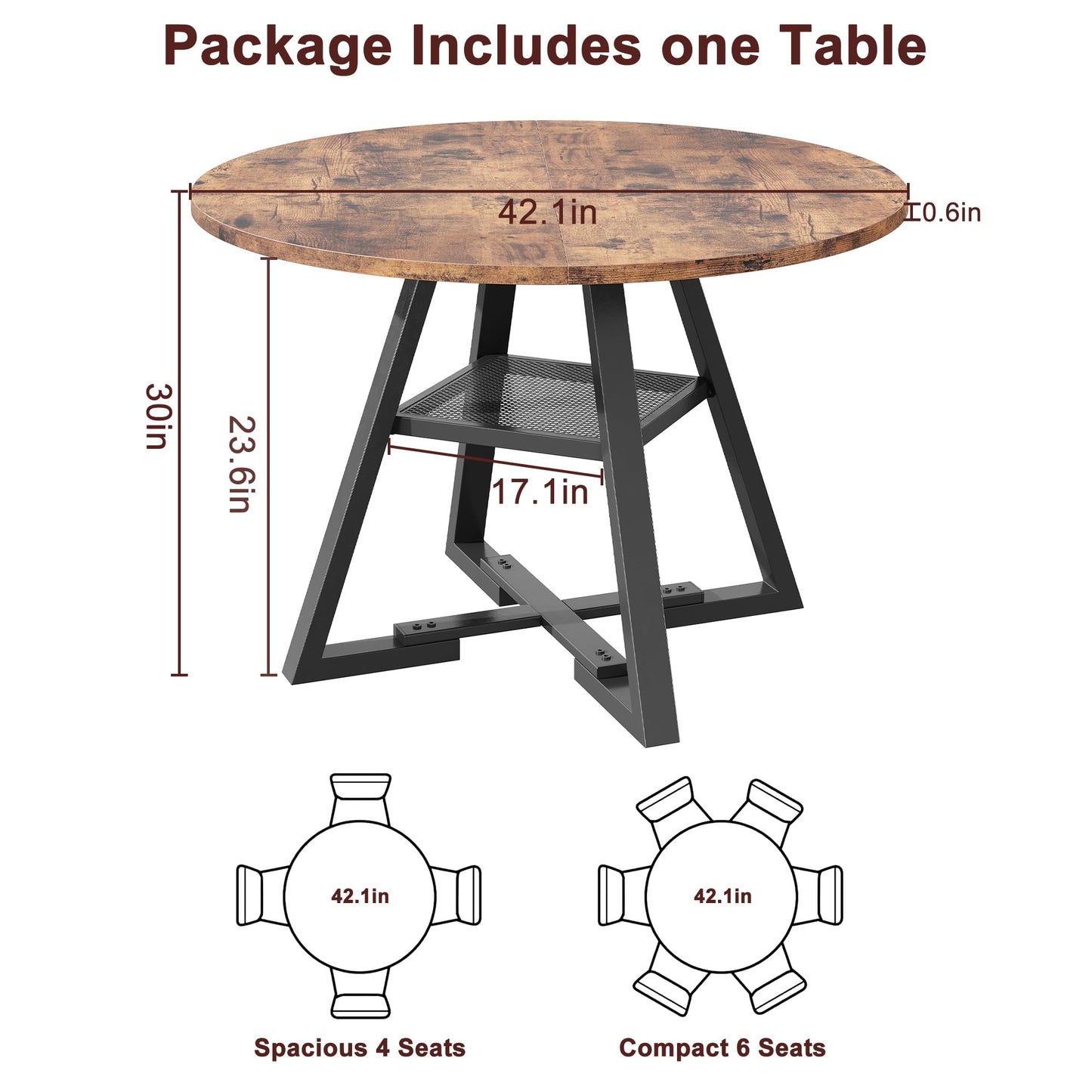 Jocoevol Round Dining Table for 2-4 People, Circle Dinner Table with Shelves, Space Saving Wood Kitchen & Dining Room Furniture (Vintage, 42 inch