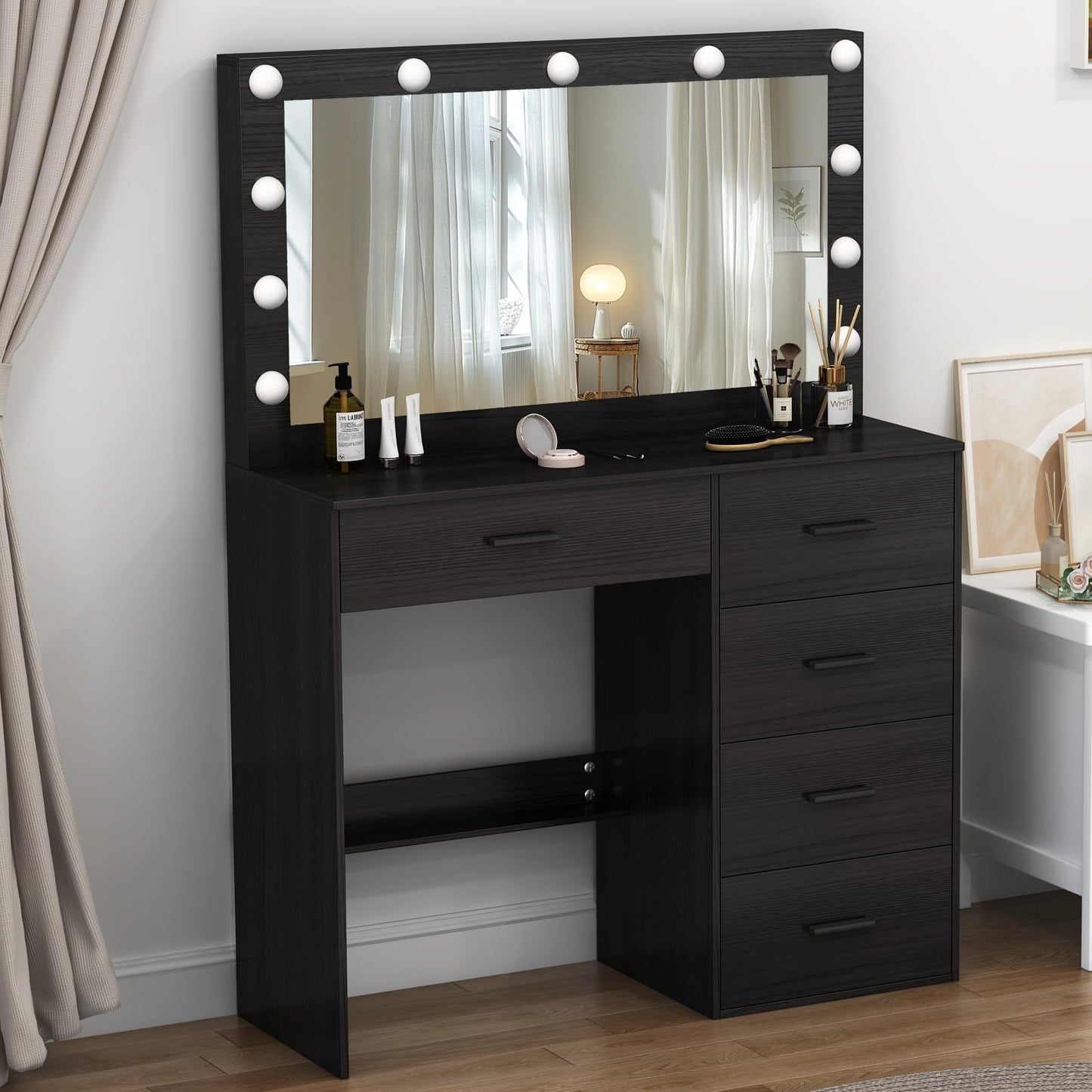Buildonely Dressing Table with Mirror, Vanity Table with Lights, Adjustable Brightness and 3 Color Temperatures, Vanity Desk with 5 Drawers, Modern,